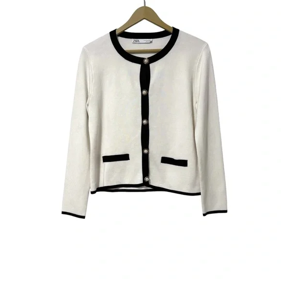 Zara White Black Knit Pearl Button Up Cardigan Size Medium Old Money Classic - Picture 1 of 6